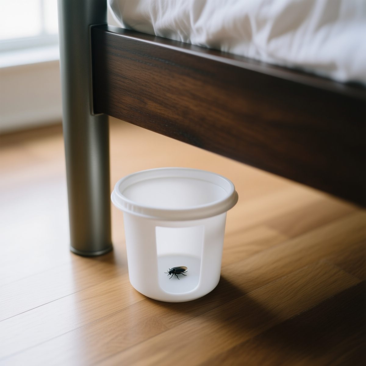 Bed leg sitting inside a white bed bug interceptor trap; tiny captured bed bug in the inner well.