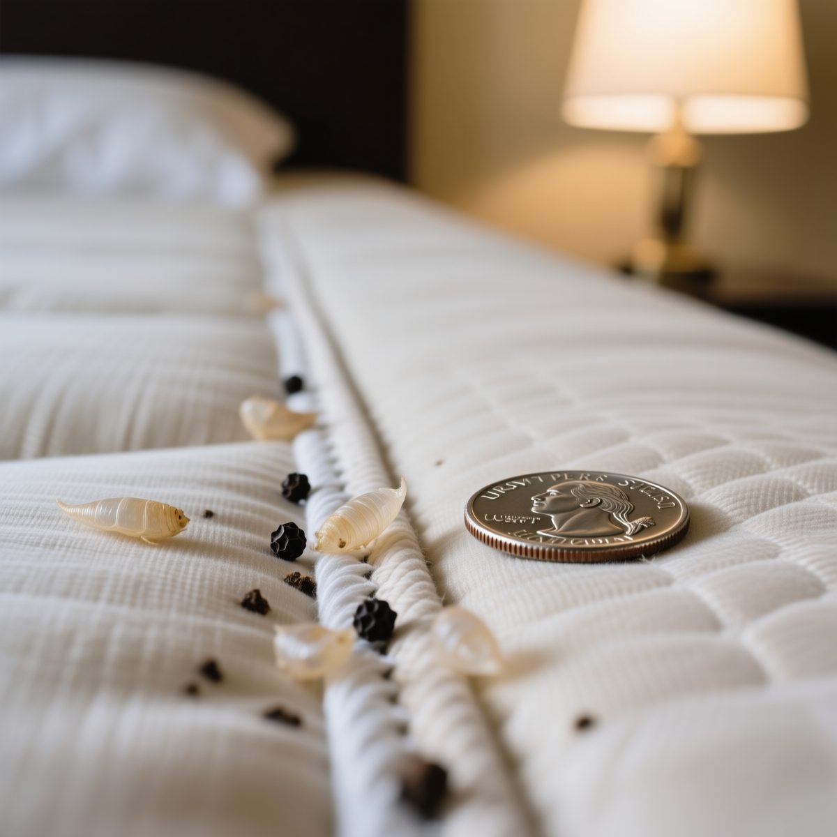 Bed bug fecal stains and translucent shed skins along a mattress seam with a US quarter for scale.